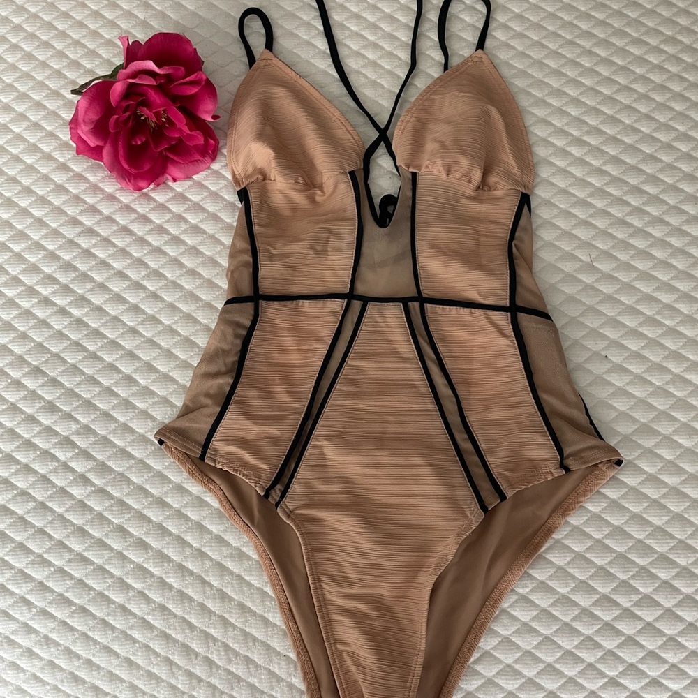 Nude One Piece with Plunging V-Neckline and Black Piping